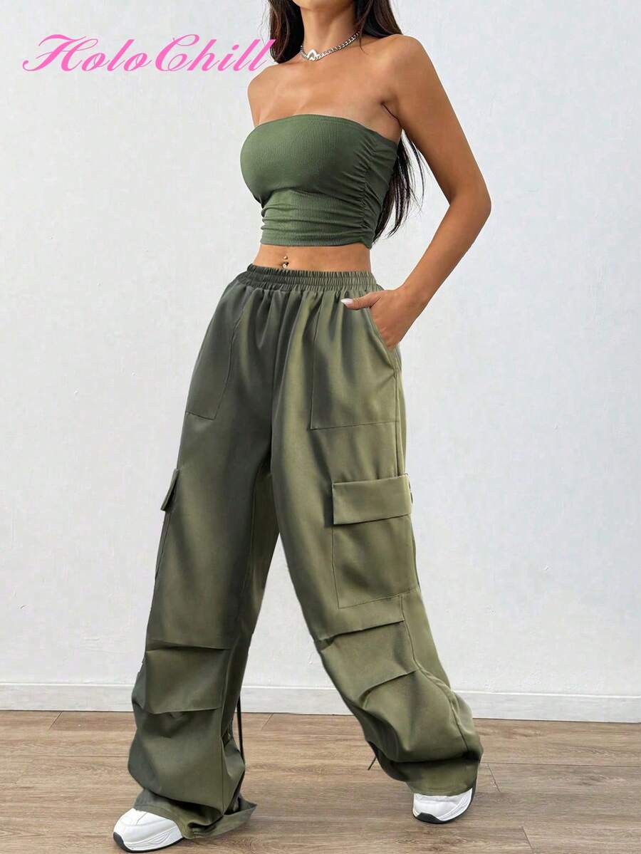 Pantalones cargo de mujer HoloChill de color liso verde oliva con múltiples bolsillos y botones, con cordón y pliegues, ropa casual y urbana para uso diario, aeropuerto, regreso a la escuela, otoño e invierno - Negro - Ver 1