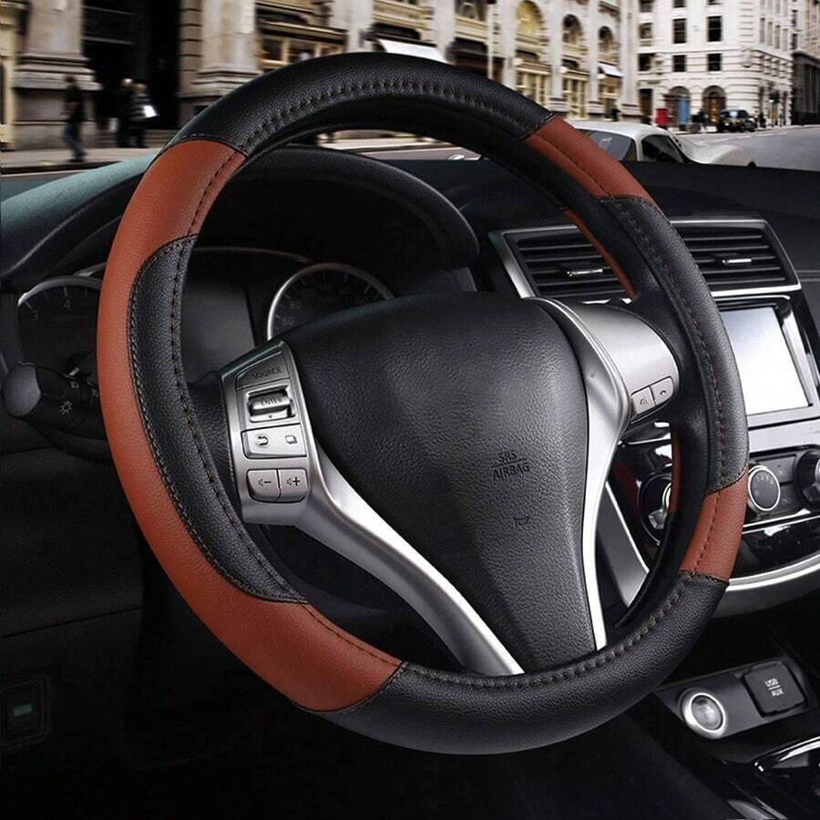 Leather Car Steering Wheel Cover, Non - Slip Car Wheel Cover Protector Breathable Microfiber Leather Universal Fit Most Beige - Brown - View 1