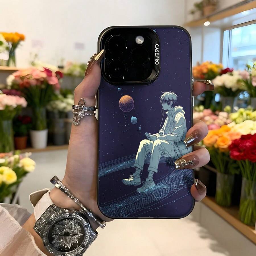 Cubierta de teléfono con diseño anime azul oscuro hombre sentado en el espacio con planetas y estrellas para uso diario y regalo Aplicable a los teléfonos de la serie Apple y Galaxy - Blanco - Ver 1