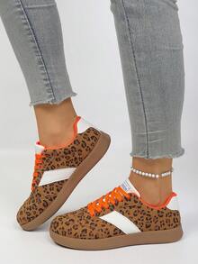 Giày thể thao nữ phối màu tương phản, kiểu dáng preppy, thích hợp cho mùa xuân/hè/thu, giày chạy bộ ngoài trời đế bằng buộc dây họa tiết da báo. - màu nâu - Xem 3
