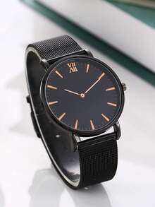 2件套简约时尚男士网状腰带和手表套装 - 黑色 - 查看 4