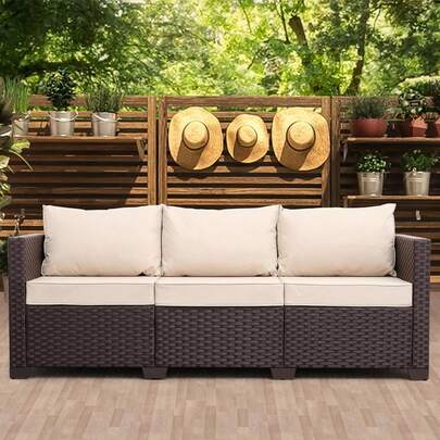 Patio Furniture 3-Seat Sofa Wicker Outdoor Furniture Outdoor Couch Deep Seat Hight Backrest Non-Slip Cushions, Khaki