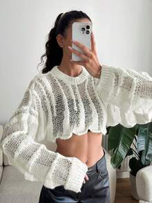 Women's Hollow Out Batwing Sleeve Loose Casual Cropped Sweater Top, Fashionable Midriff-Baring Pullover For Spring/Summer - White - View 4