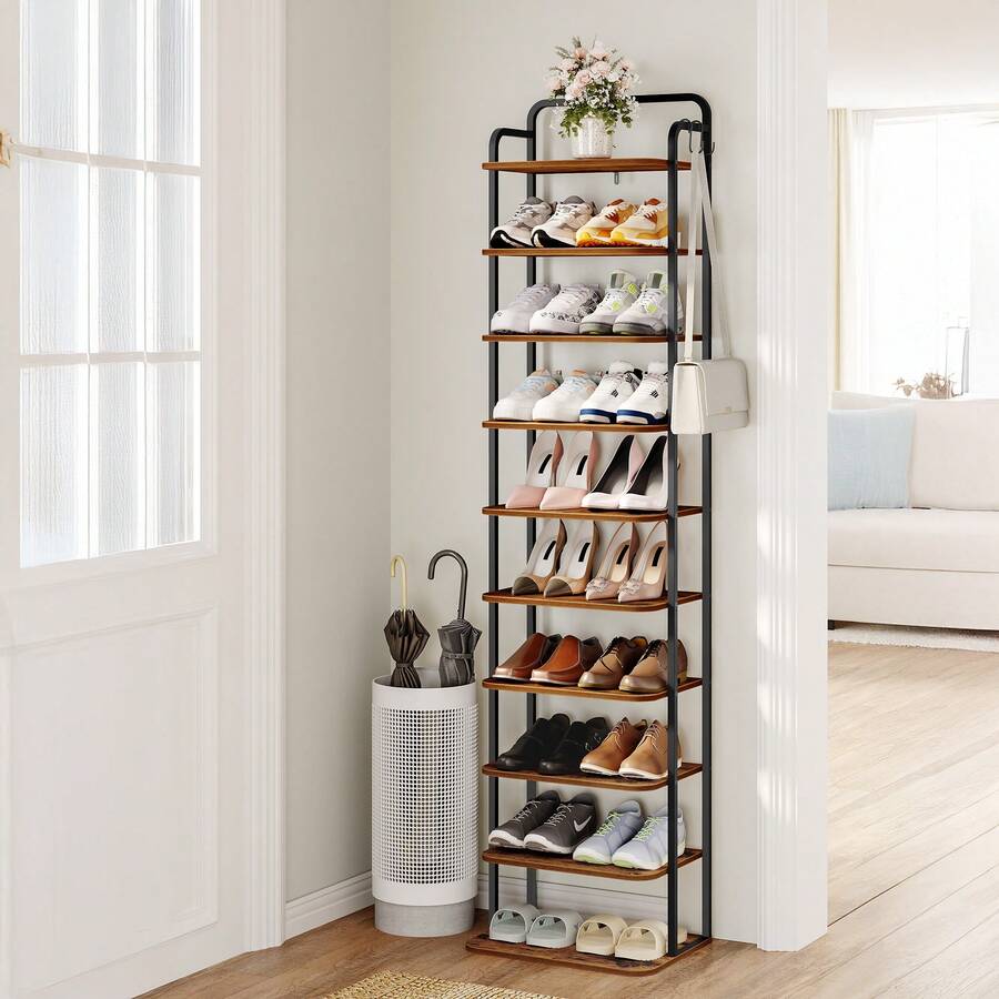 HEXCELEN Vertical Shoe Rack, 10-Tier Shoe Racks, Shoe Tower For Small Spaces, Freestanding, Adjustable, Space-Saving, Brown And Black - Rust Brown and Black - View 1