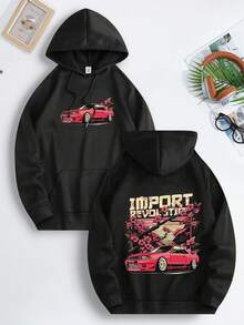 Import Revolution Red Sports Car With Cherry Blossoms And Sunset Design Men's Hoodie - Autumn & Winter Warm Fleece-Lined Versatile Slouchy Loose Fit American Anime & Japanese Style - 黑色 - 查看 1
