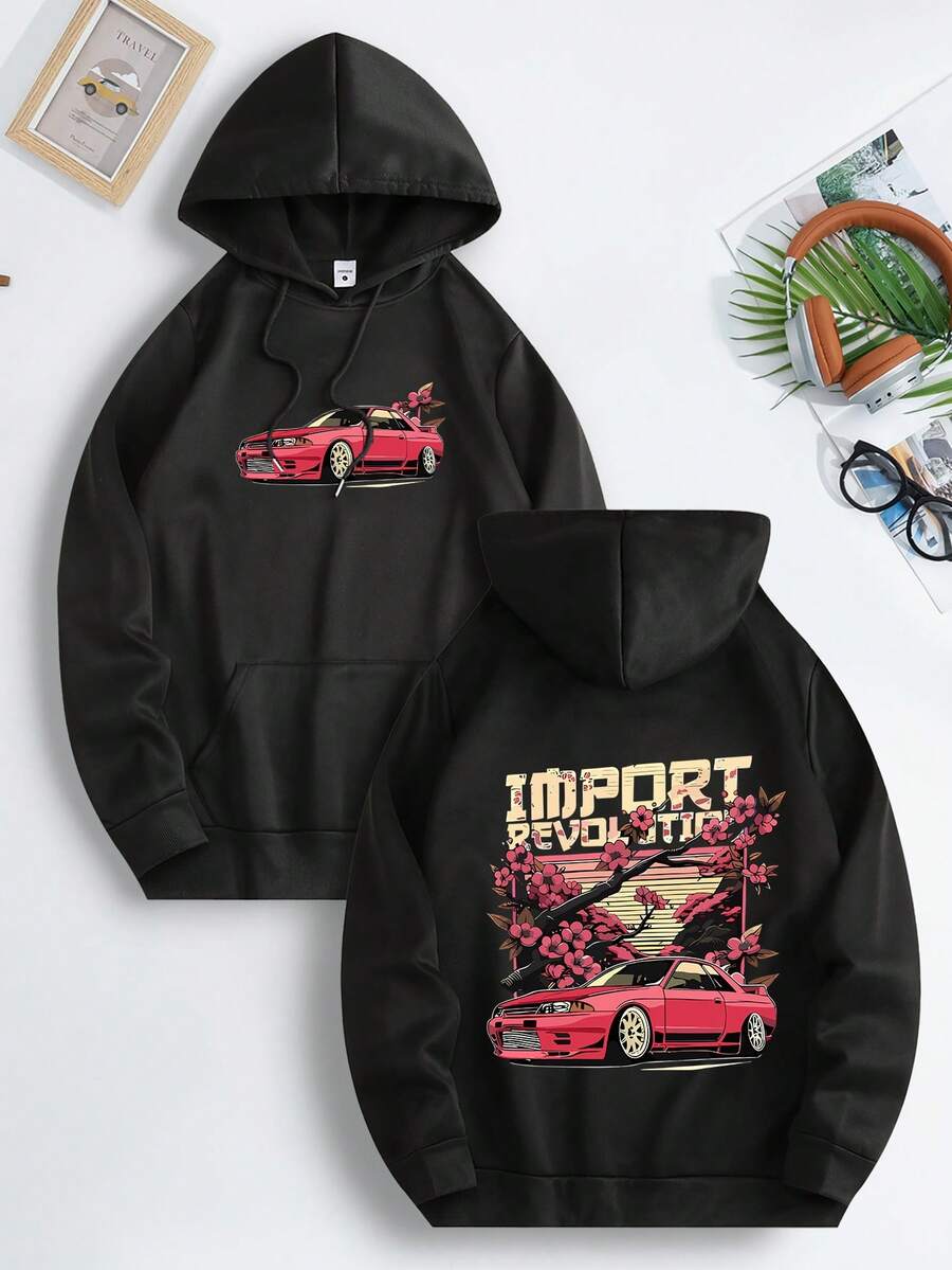 Import Revolution Red Sports Car With Cherry Blossoms And Sunset Design Men's Hoodie - Autumn & Winter Warm Fleece-Lined Versatile Slouchy Loose Fit American Anime & Japanese Style - 黑色 - 查看 1