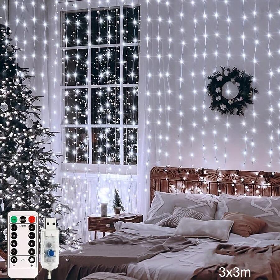 1PC 19.6ft X 9.8ft 600 LEDS 8 Lighting Modes Fairy Copper Light With Remote Colorful Window Curtain String Lights, USB Powered Waterproof For New Year Christmas Bedroom Party, Wedding Home Garden Wall Decorations - 白光 - 查看 1