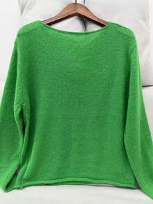 Plus Size Women Soft Round Neck Sweater, Retro Fresh, Casual Spring, Lightweight Knit Fabric Solid Color Pullover For Spring/Autumn, Plus Size - Green - View 2