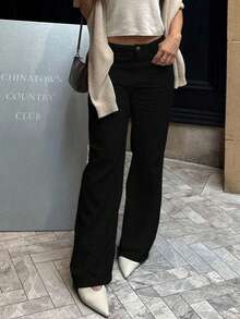 Women's Straight Leg Jeans, Classic Button Fly, Slant Pockets Design, Casual & Comfortable, Versatile For Daily Wear - Black - View 2