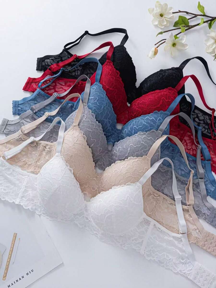 6-Piece Women's Push-Up Bra Set - High-Support, Lace-Trimmed, Comfortable Bras With Adjustable Straps, Soft Padding And Non-Removable Padding,Elegant Solid Color Bras. - Multicolor - View 1