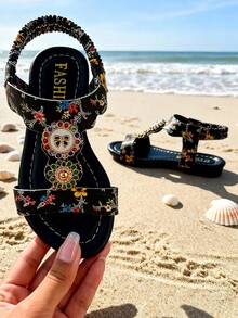2024 Summer New Fashion Glamorous Girls' Sandals With Red Beads & Rhinestones Metal Buckle, Black Soft Bottom Open Toe Sandals, Party Outfit Essential, Viral Hot Selling Children's Sandals, Soft Bottom Comfortable Non-Abrasive Girls' Preferred Sandals - 黑色 - 查看 6