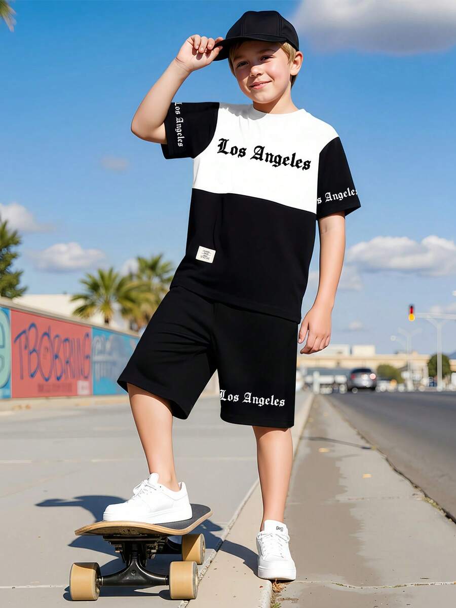 两件套青少年夏季短袖T恤和短裤，经典黑白配色，字母印花拼接针织面料，适合户外运动，时尚休闲装 - 黑與白 - 查看 1