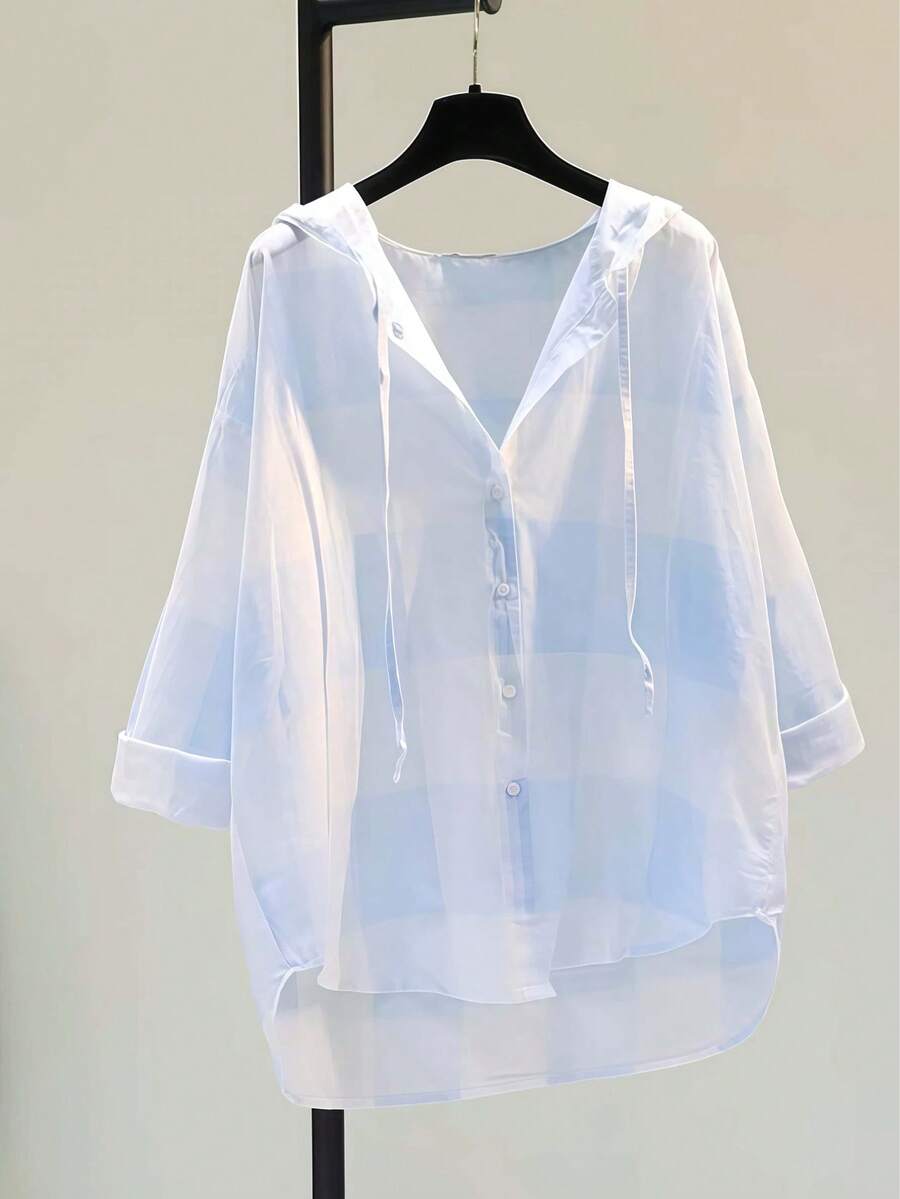 女士休闲连帽长袖衬衫，纽扣前襟，适合秋季、冬季、春季、上学、聚会、夏季穿着 - 藍色 - 查看 1