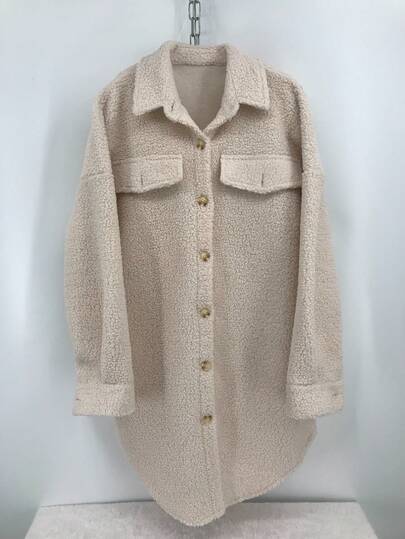 Jesienno-zimowy, swobodny płaszcz w europejskim stylu, jednolity kolor, z polaru granulowanego, z odkrytymi ramionami, z klapami, guzikami i ozdobnymi klapami kieszeni, ciepły i stylowy, idealny na co dzień, dojazdy do pracy, wakacje i spotkania ze znajomymi