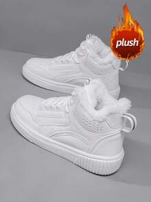 Women's Zip-Up Snow Boots, Latest 2025 Autumn/Winter High-Top Sneakers, Thermal Lined Thick Warm Fur Boots, Side Zipper Closure, & Fashionable Mid-Calf Boots, Flat Round Toe, Non-Slip & Waterproof Leather, Outdoor High-Top Sneakers, Cold-Resistant & Anti-Freeze, Suitable For Couples, Holiday Outings, Parties, Shoes - White - View 7