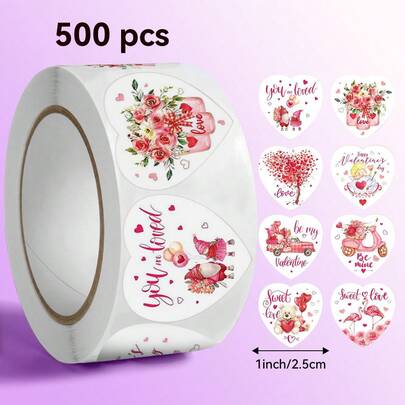 500张/卷 心形贴纸，尺寸：2.5厘米/1.0英寸，情人节快乐。圆形，非常适合用于礼品包装、书籍装饰、封口标签和其他产品装饰。