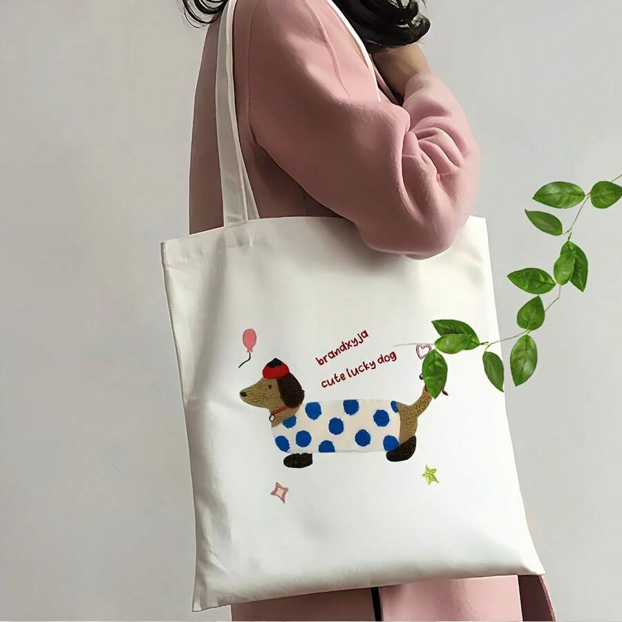 Brandxyja Cute Lucky Dachshund Pattern Tote Bag - Large Capacity Black And White Canvas Shoulder Bag With Dachshund Puppy, Balloon And Bone Patterns, Reusable Gift For Dog Lovers And Dachshund Owners (15.7x 13.7inch ), Canvas Tote Bag, Reusable Shopping Bag, Shopping Bag, Women's Handbag, Shopping Bag - trắng - Xem 1