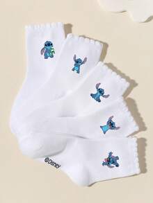 Disney 1/5/10 pares de calcetines deportivos para niños/niñas de primavera/verano, calcetines con barra doble, calcetines escolares, calcetines tobilleros con adorno de encaje, decorados con diseños de dibujos animados lindos, de moda, suaves y amigables con la piel, que absorben la humedad y transpirables, calcetines de encaje versátiles y casuales, adecuados para volver a la escuela, el campus, deportes, el aula, el nuevo semestre, estudiantes - Blanco - Ver 10