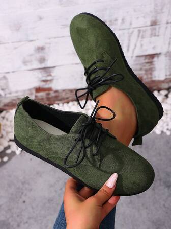 1켤레 여성용 단색 패셔너블 레이스업 플랫 슈즈, 모든 시즌에 야외 착용에 적합