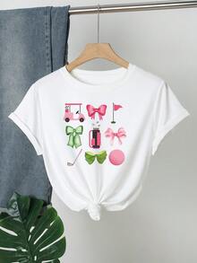 女士俏皮高尔夫主题图案 T 恤 - 轻质涤纶，短袖圆领，适合春夏休闲装，春季休闲上衣|俏皮图案 T 恤|光面面料饰面