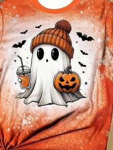 Áo thun in hình ma, bí ngô, dơi Halloween, áo thun cổ tròn tay ngắn thường ngày cho nữ, quần áo mùa thu Nightmare Before Christmas dành cho nữ, áo thun in hình trở lại trường - trái cam - Xem 2