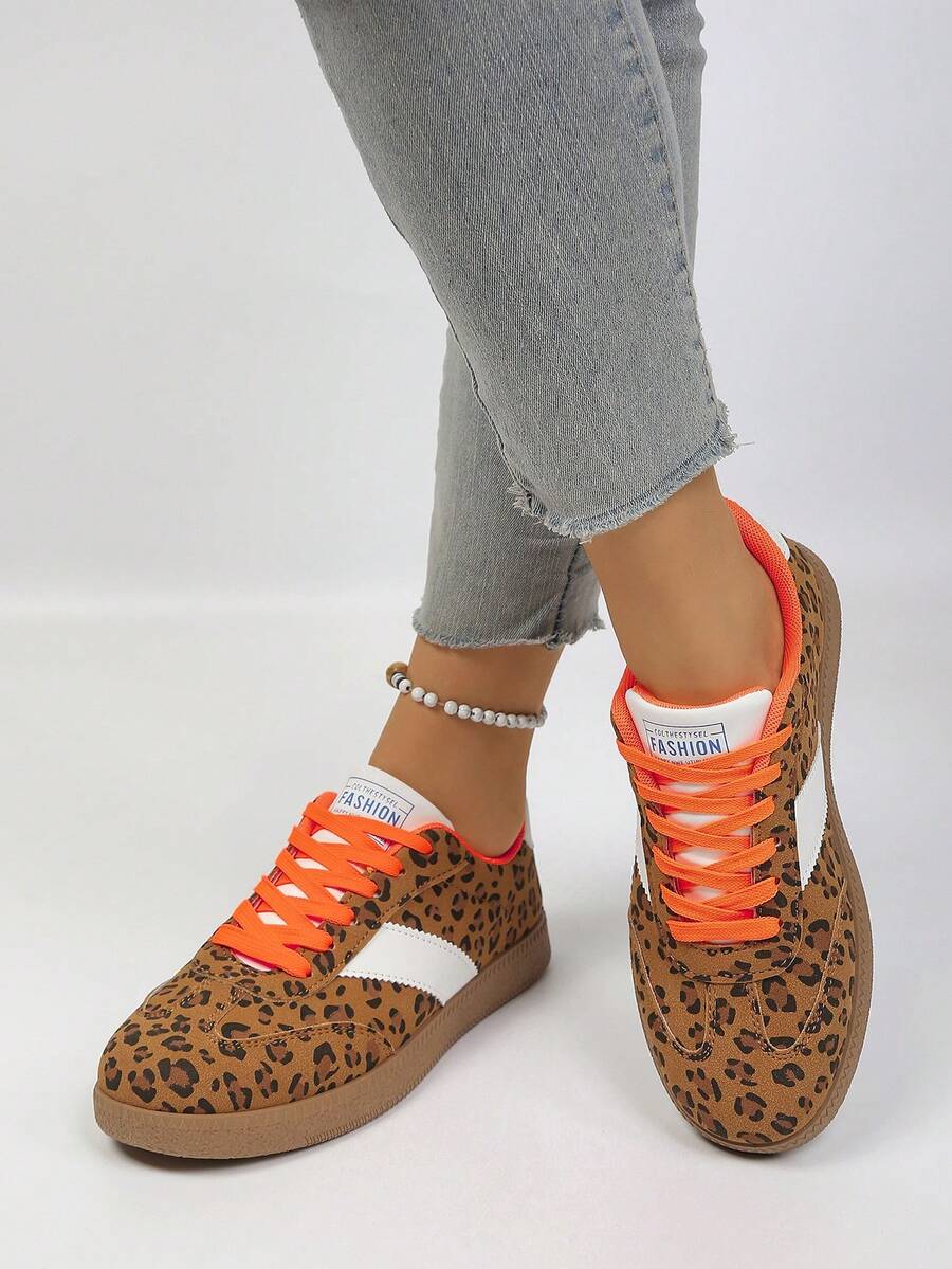 Giày thể thao nữ phối màu tương phản, kiểu dáng preppy, thích hợp cho mùa xuân/hè/thu, giày chạy bộ ngoài trời đế bằng buộc dây họa tiết da báo. - màu nâu - Xem 1