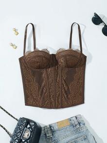 带蕾丝花边的吊带背心短款上衣，派对性感合身紧身胸衣，露脐装 - 咖啡棕 - 查看 2