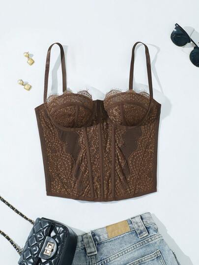 带蕾丝花边的吊带背心短款上衣，派对性感合身紧身胸衣，露脐装