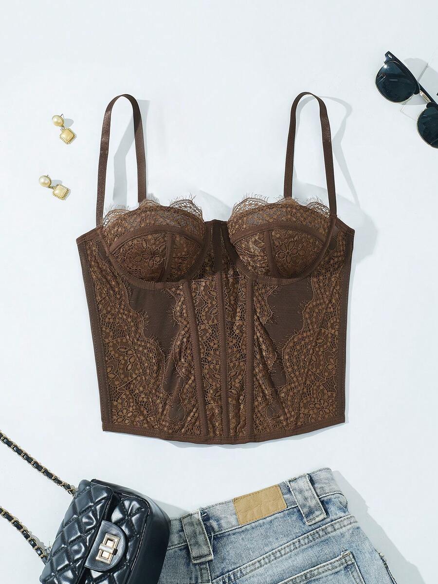 带蕾丝花边的吊带背心短款上衣，派对性感合身紧身胸衣，露脐装