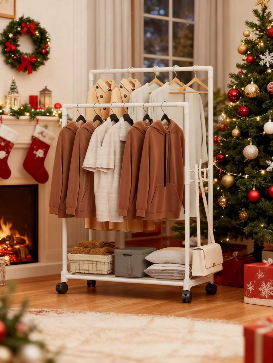 1pc Christmas Style Dual-Rod Floor Standing Clothes Rack, Multi-Color Options, Movable With Wheels, Bedroom Garment Storage Rack, Multifunctional Drying & Display Stand - Multicolor - View 1