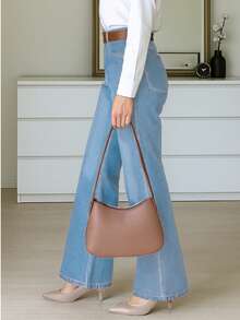 9650# 弹力牛仔直筒裤，优雅时尚，休闲百搭，阔腿喇叭裤女式牛仔裤 - 淺色水洗藍 - 查看 6