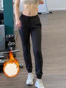 Pantalones de chándal de cachemira cálidos y transpirables de moda para mujer, otoño/invierno, para fitness, entrenamiento, correr, viajar, acampar, casual, moda deportiva - Negro - Ver 9