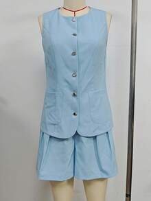2pcs/Set Women Sleeveless Solid Color Vest And Shorts, Fashionable For Summer - Blue - View 1