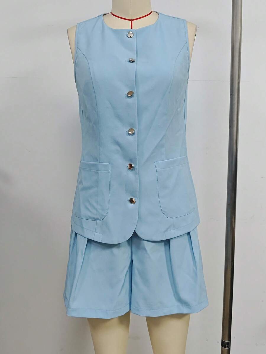 2pcs/Set Women Sleeveless Solid Color Vest And Shorts, Fashionable For Summer - Blue - View 1