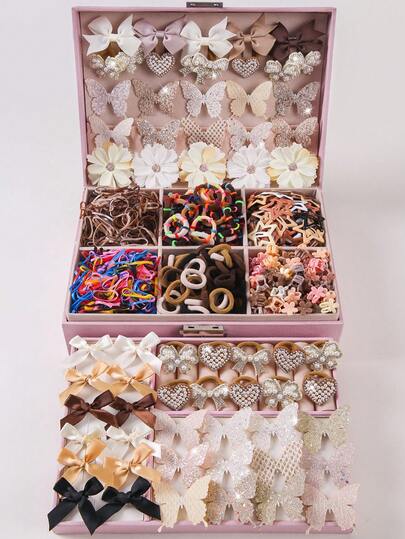 785pcs Girls' Coffee-Colored Pearl Rhinestone Butterfly, Heart, Bow Hair Scrunchies, Bangs Clips, Barrettes, Hairpins, Hair Accessories For Daily Use