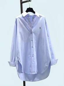 极简翻领长袖宽松女式衬衫外套，采用衬衫领和不对称下摆设计 - 淺藍色 - 查看 3