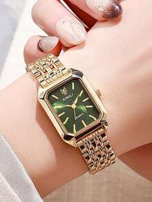 1pc Elegant Versatile Silver Rectangular Quartz Wrist Watch - Ladies Analog Display, Suitable For Daily Wear, Birthday, Women's Gift, Anniversary, Cyber Monday, Halloween Promotion And Other Holidays, No Gift Box - Gold - View 10