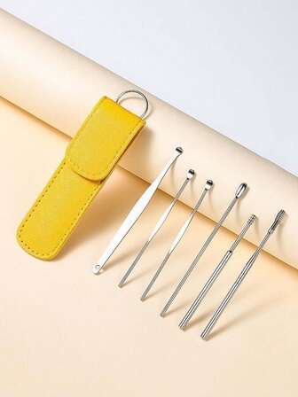 6-Piece Convenient Stainless Steel Ear Scoop Spiral Ear Cleaner With Leather Protective Cover, Suitable For Ear Cleaning And AMSR