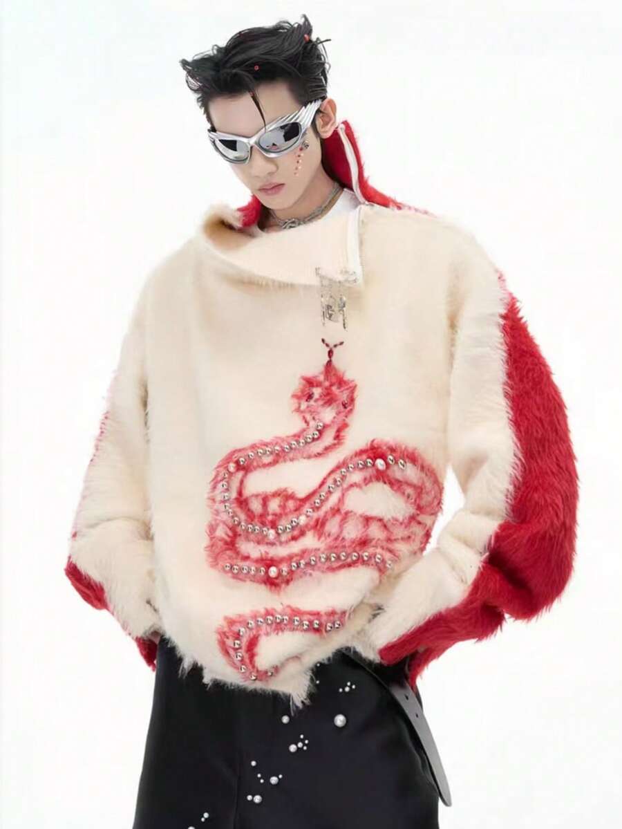 Autumn And Winter Styles, New Styles, Christmas Red Sweater, Faux Mink Fur, Snake, Pearl Embellishment, Fashionable, Contrasting Colors, Diagonal Zipper, Casual, Street Style, Handsome, Sweater, High Neck, Plush, Men's Sweater, Men's Top - 紅色 - 查看 1