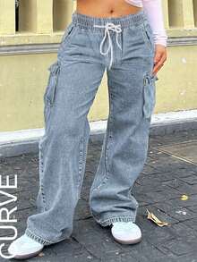 Plus Size Practical Straight Leg Jeans - Drawstring Waist, Cargo Pockets, Loose Fit - Light Wash - View 3