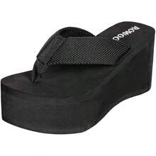 Sandalias de cuña para mujer, plataforma, con tiras, chanclas para Navidad - Negro - Ver 2