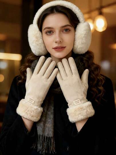 2 piezas Conjunto de guantes y orejeras de invierno para mujer, orejeras plegables y portátiles, guantes gruesos antideslizantes y resistentes al tacto de pantalla, accesorios cálidos para ciclismo y esquí al aire libre