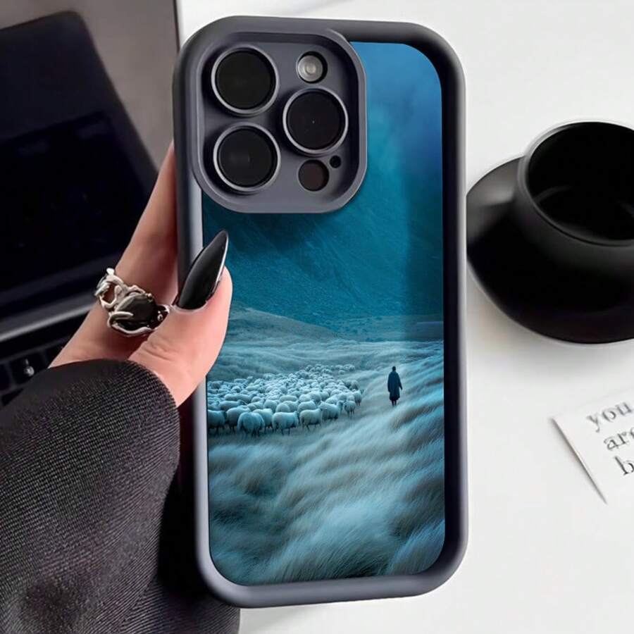 Cubierta de teléfono con borde protector color negro diseño de paisaje con rebaño de ovejas y figura solitaria en campo nevado para uso diario y trabajo - Blanco - Ver 1