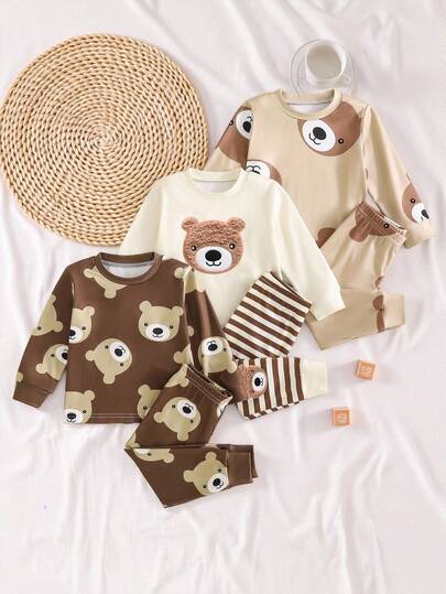 6pcs Baby Boys Cute Bear Print Hooded Long Sleeve Sweatshirt & Pants Set, Comfortable Fabric, Suitable For Daily Wear, Spring/Autumn