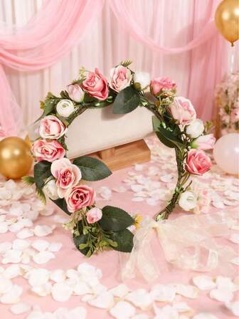 1件手工新娘花冠，人造花头饰，婚纱配饰，新娘度假装饰，婚礼摄影道具，时尚花环，发饰，花冠，头饰，服装花冠