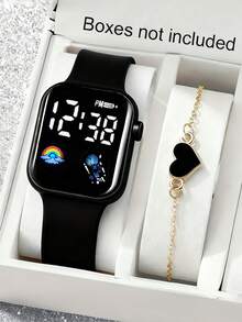 Set de 4/2 piezas Reloj electrónico digital con pantalla LED arcoíris elegante y lindo para niñas, emparejado con pulsera adorable con forma de corazón, adecuado para niñas, excelente para volver a la escuela, fiestas, viajes y vida diaria, regalo perfecto para amigos, parejas, cumpleaños, graduaciones - Multicolor - Ver 12