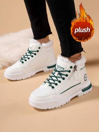 Women's Zip-Up Snow Boots, Latest 2025 Autumn/Winter High-Top Sneakers, Thermal Lined Thick Warm Fur Boots, Side Zipper Closure, & Fashionable Mid-Calf Boots, Flat Round Toe, Non-Slip & Waterproof Leather, Outdoor High-Top Sneakers, Cold-Resistant & Anti-Freeze, Suitable For Couples, Holiday, Gathering, Party, Shoes