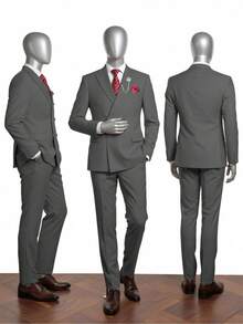 Men's Formal Suits 6 Pieces Tuxedos Set, Men's One Button Jacket Slanted Lapel Vest Pants Suit Set With Tie Brooch Pocket Square For Business Dinner Wedding Party, Suitable For Formal Occasions, Perfect Gift For Business Professionals Spring/Summer/Fall, Formal Attire|Sleek Formal Attire|Nonstretch Fabric - 灰色 - 查看 2