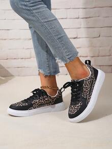 Élégantes baskets mode pour femmes - Respirantes, légères, à lacets avec imprimé floral, semelle en EVA confortable pour toutes les saisons - Léopard noir - Voir 7