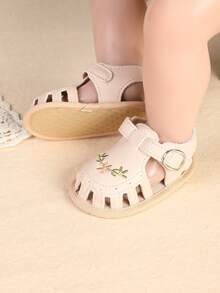 0-1 Year Old Infant Girls' Soft Bottom Prewalker Shoes, 5-7 Months Newborn Embroidered Breathable Sandals - Apricot - View 4